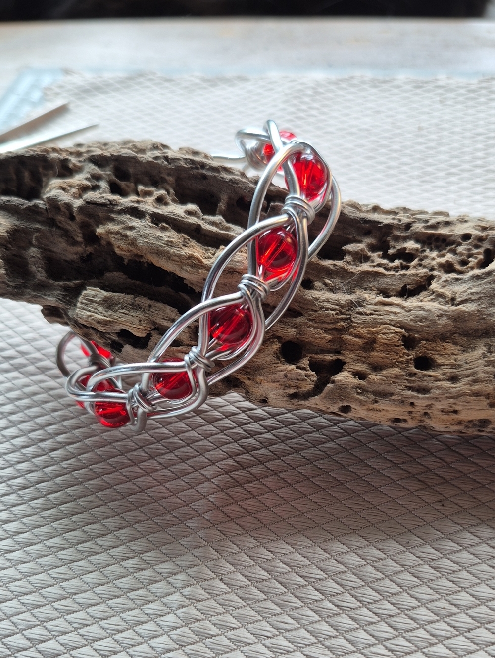 Silver Wire Bracelet with Red Glass Beads